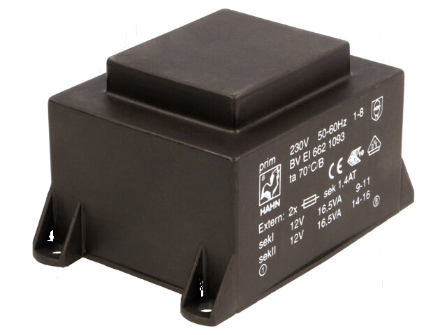 Transformator: ingegoten; 33VA; 230VAC; 12V; 12V; 1375mA; 1375mA Transformator: ingegoten; 33VA; 230VAC; 12V; 12V; 1375mA; 1375mA